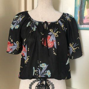 Black boho cropped blouse with floral print